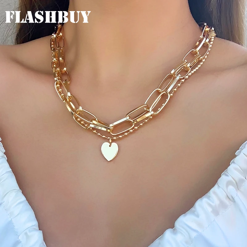 Flashbuy Heart Pendant Necklaces for Women Girl New Statement  Multi-layer Metal Clavicle Chain Gold Color Fashion Jewelry