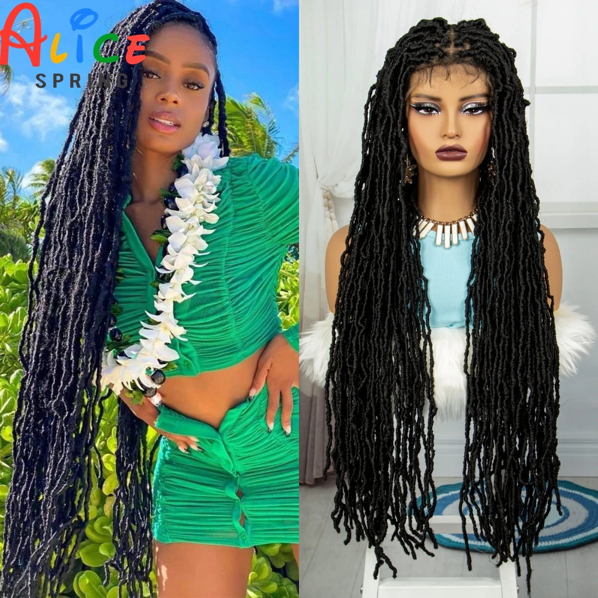 Faux Locs Braided Wigs 36 นิ้วลูกไม้เต็มรูปแบบ Curly โครเชต์ Braids วิกผมสําหรับผู้หญิงสีดํานุ่ม Knotless สังเคราะห์ลูกไม้ด้านหน้า Twist วิกผม