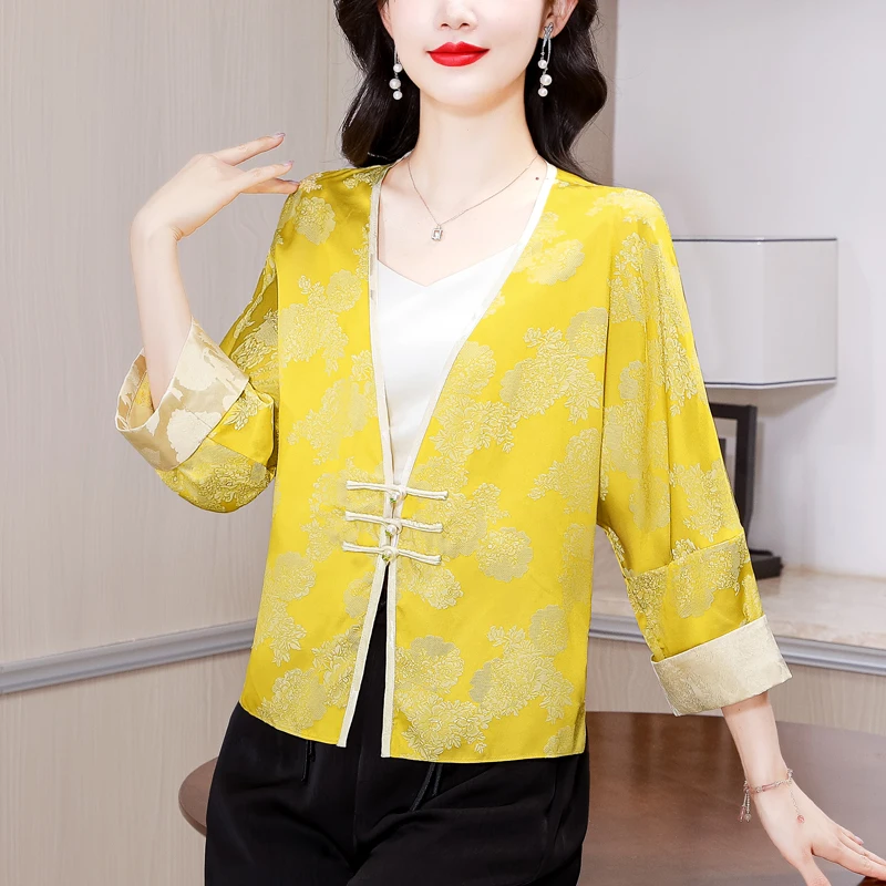 2024 Yellow silk Long Sleeve O-Neck Top Coats Autumn Winter Black Thick Warm Casual Blouses Women Korean Vintage Luxury Top Coat