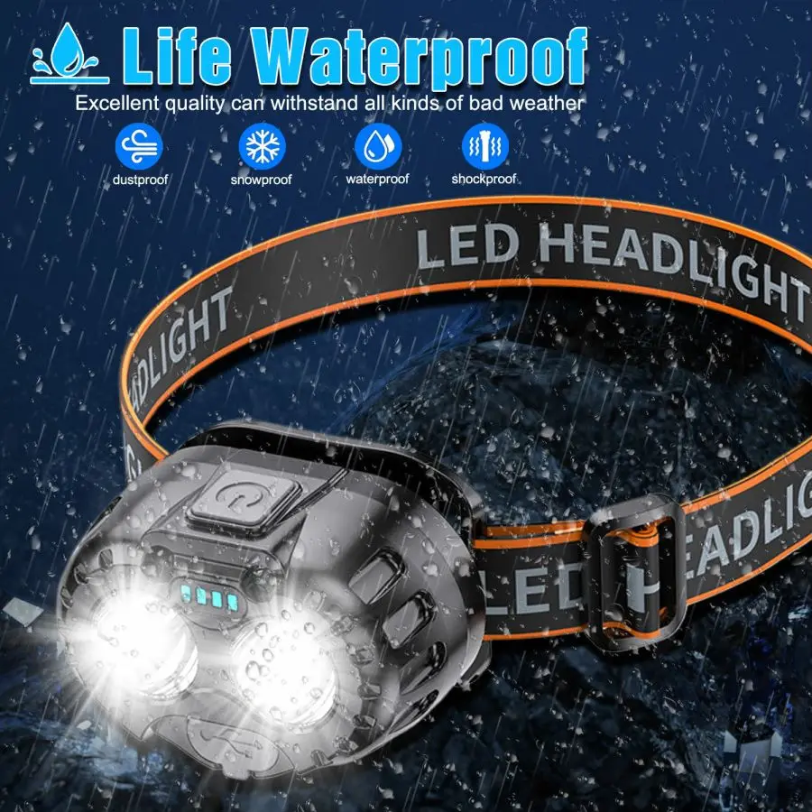 Smart Motion Sensor LED Headlamp High Power Rechargeable Headlight Outdoor Waterproof Head Lamp Built-in Battery Powered