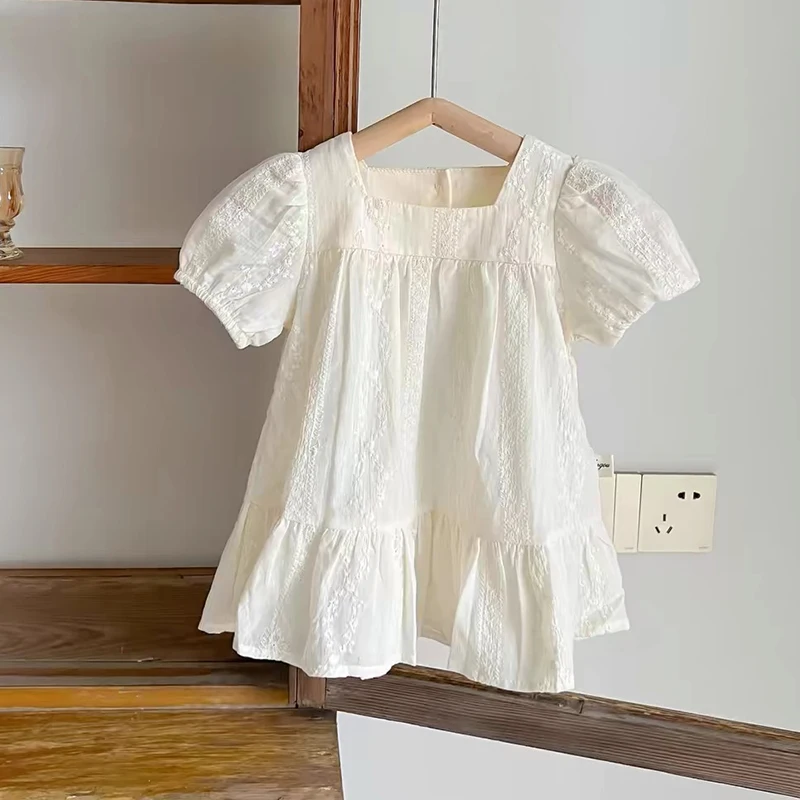 Fashion Birthday Gift Princess Dress Girls Casual Dress Embroidered Floral Dress Little Girls Kids Cotton Puffy Sleeve Clothes