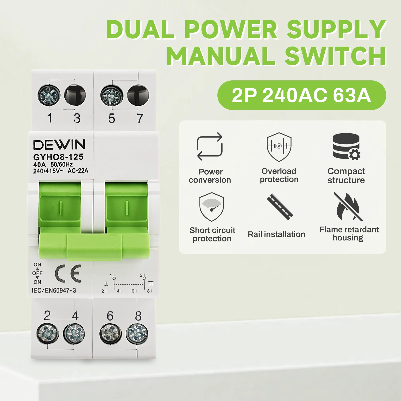 

Din Rail Manual Transfer Switch 2P 240AC 63A Dual Power Manual Conversion Isolating Switch Dual Power Manual Transfer Switch