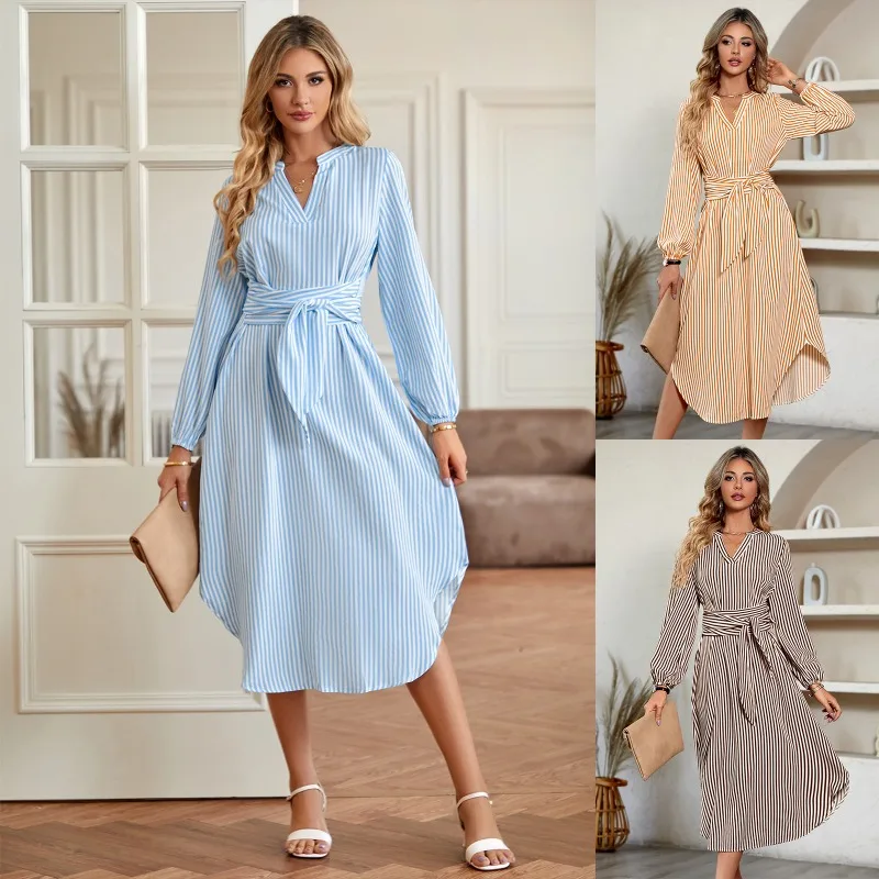 

2023 Autumn/Winter New Women's Casual V-neck Stripe Lace Waist Wrapped Shirt Dress Robe De Soirée Orange Fashion Casual Dresses