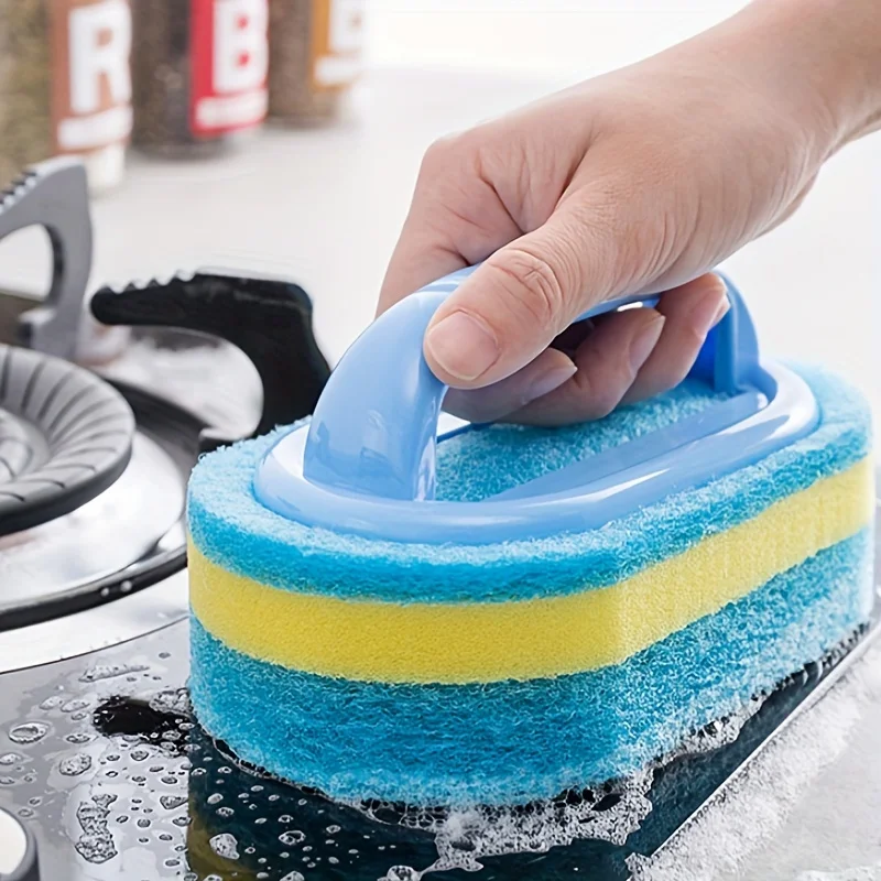 1pc Kitchen Sponge Wipe With Handle Cleaning Brush Bathroom Tile Glass Cleaning Sponge Thickening Stain Removal Clean Brush