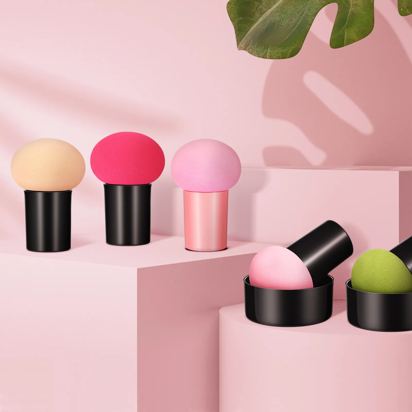 5Pcs Premium Makeup Sponge Set Mushroom Design Plastic Handle Soft Sponge Head Ideal for Foundation Cream Blush Highlighter