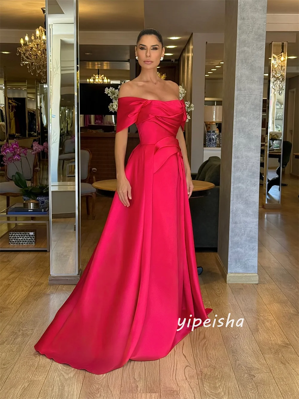 Customized Hot Pink Fashion Sizes Available Pleat Ruched Draped A-line Off-the-shoulder Long Dresses Evening Dresses for Woman