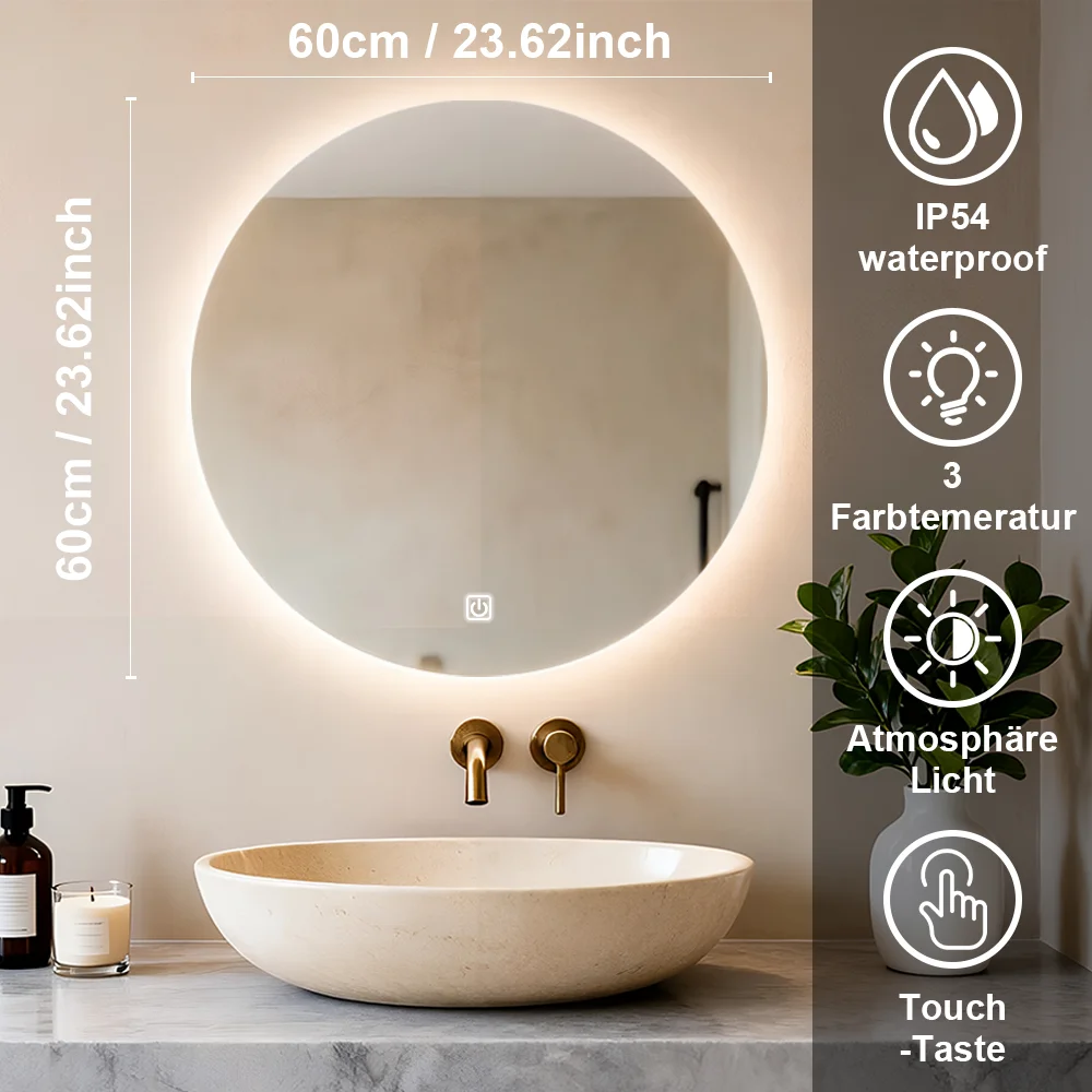Slimme ronde badkamerspiegel met LED-verlichting Wandgemonteerde spiegel 3 kleuren Geheugen Traploos dimbaar Waterdicht IP54 Aanraakschakelaar
