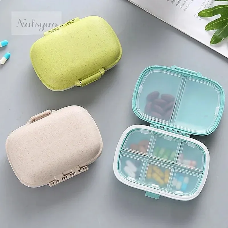 Mini Portable 8 Grids Pill Box Travel Medicine Organizer Wheat Straw Sealed Tablets Storage Dispenser Case