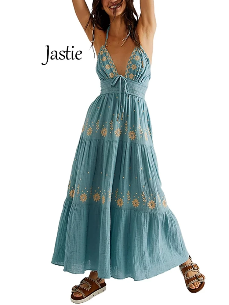 

Jastie Real Love Embroidered Dress Deep V-neckline Sexy Boho Maxi Dress Smocking Waist Casual Beach Bohemian Female Vestidos