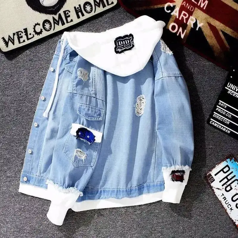 

Loose Fit Patchwork Denim Trendy Spring Autumn Casual All-Match Korean Style Workwear Hooded Jacket