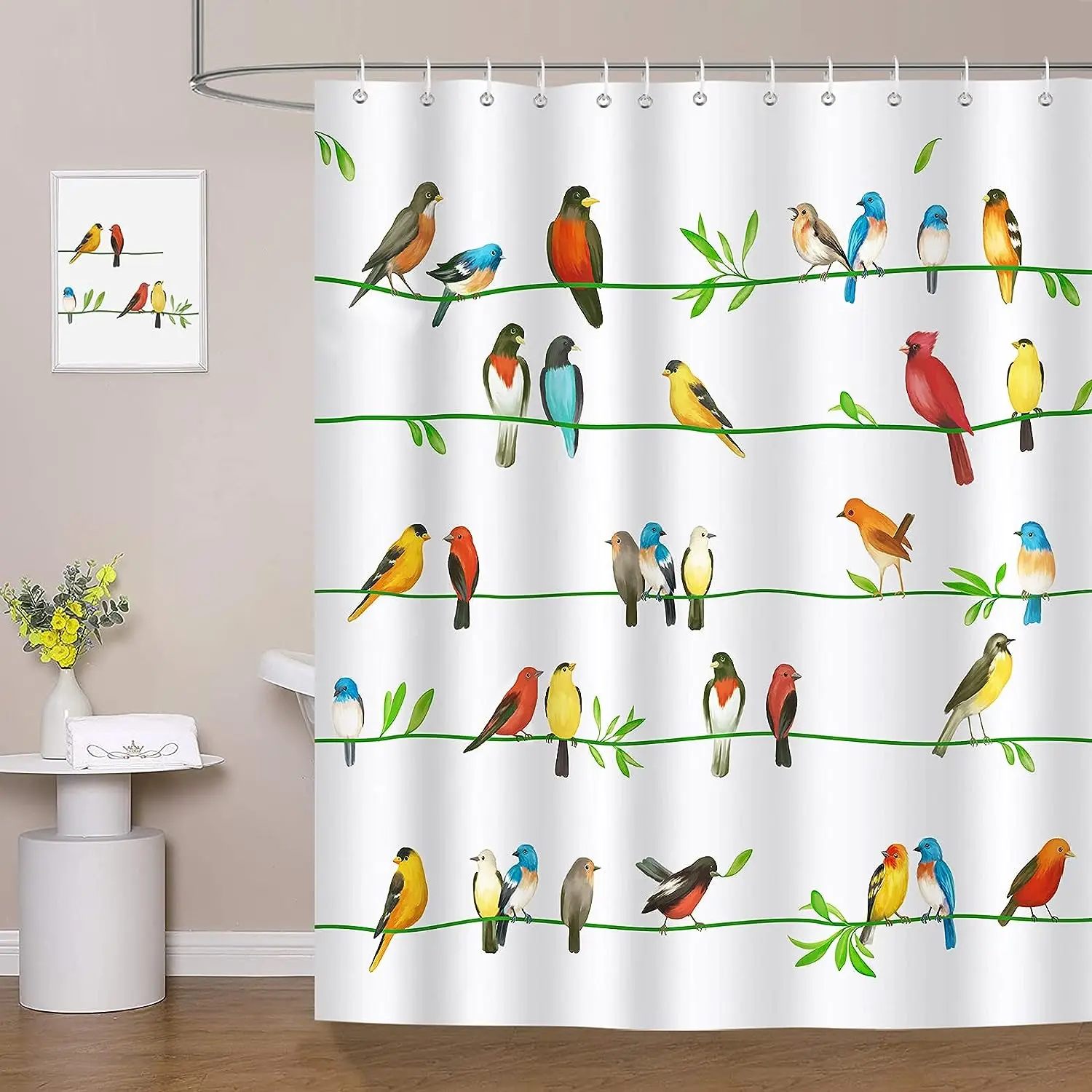 Tropical Birds Floral Shower Curtains Parrot Toucan Green Leaves Plants Flowers Hawaii Jungle Scenery Bathroom Decor with Hooks