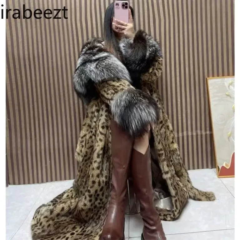 Leopard-print Padded with Fox Fur Jaqueta Feminina Inverno Fashion Streetwear Casaco Feminino Long Warm Winter Coat Women