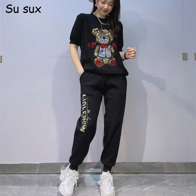 

Cartoon Bear Knitted Short Sleeve T Shirt 2 Piece Sets Woman Outfits 2026 Summer Casual Knitwear Pant Set Vestidos Streetwear