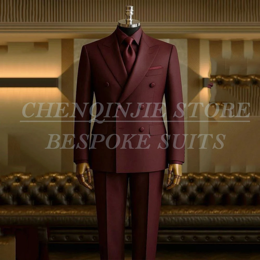 

Luxury Men's Suits Burgundy Double Breasted Peak Lapel Slim Fit 2 Piece Jacket Pants Full Sets Elegant Wedding Male Clothing