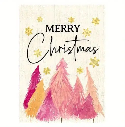 Merry Christmas Pastel Pine Trees & Gold Snowflakes Burlap Garden Flag-12
