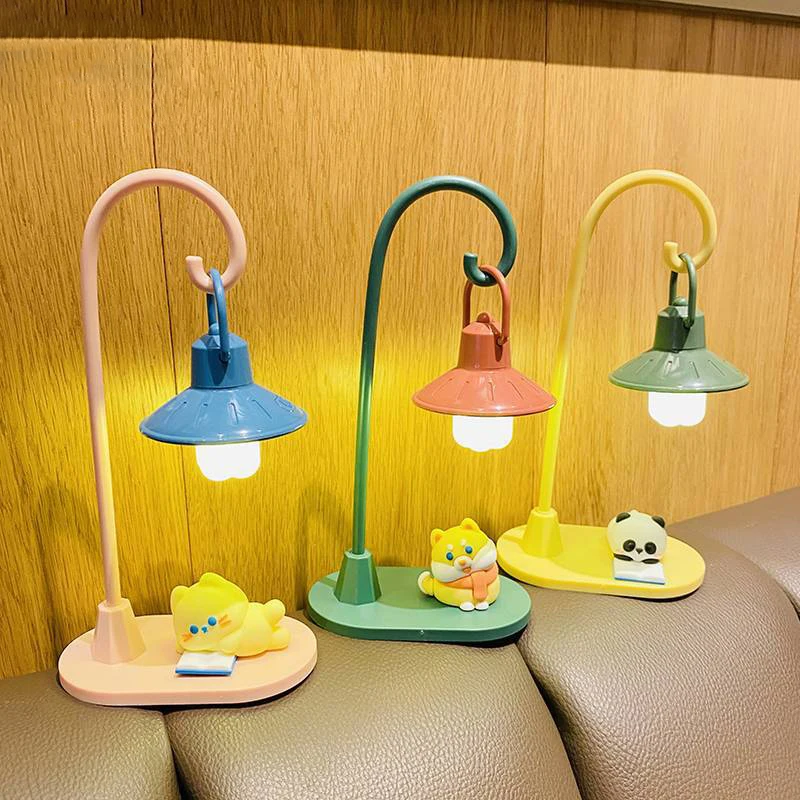 Cartoon Retro Warm Cute Pet Kitten Reading Night Light Keychain Creative Bedroom Bed Sleep Eye Dog Protection Light Female Gift