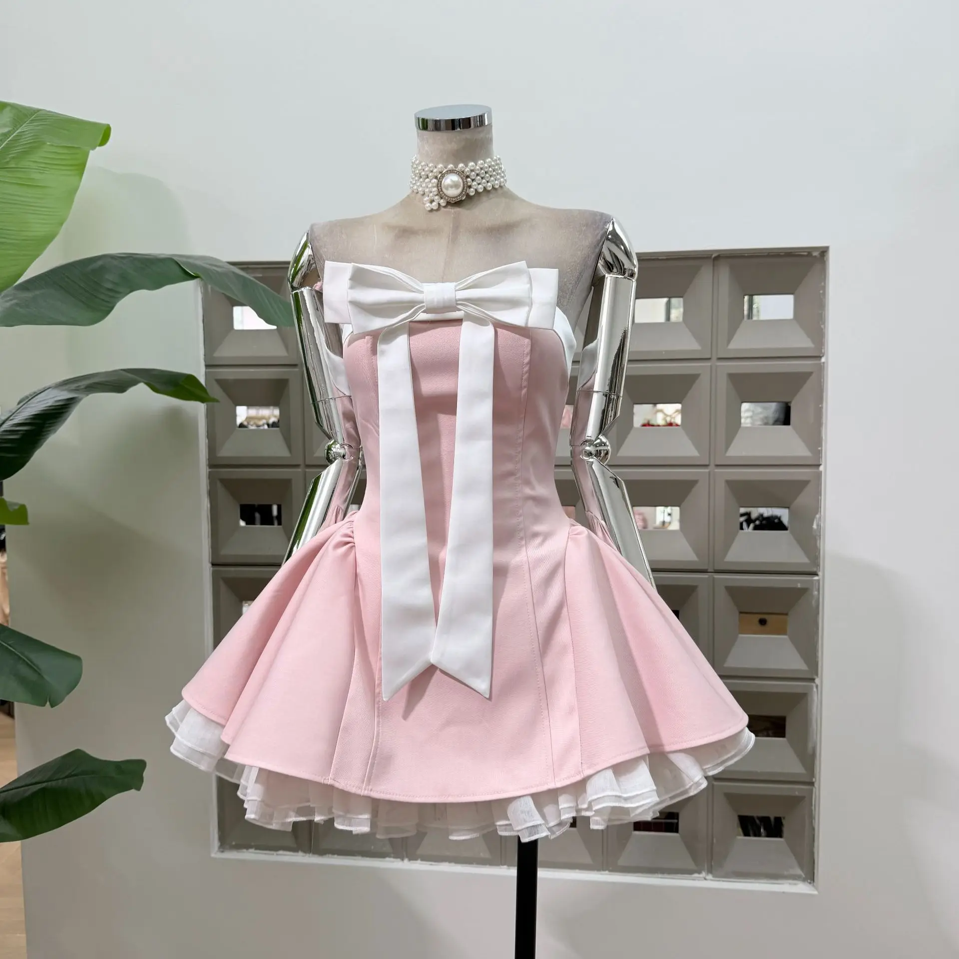

Strapless Corset Mini Dress Big Bow High Waist A-Line Ruffle Hem Elegant Cocktail Party Homecoming Gown Dresees For Women Summer