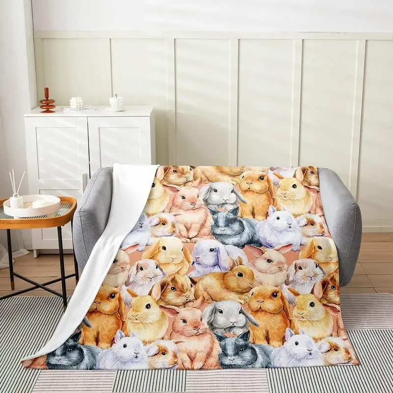 Rabbit All Season Bed Blanket Kids, Cute Rabbits Flannel Fleece Throw Blanket Watercolor Fuzzy Blanket for Kids Boys