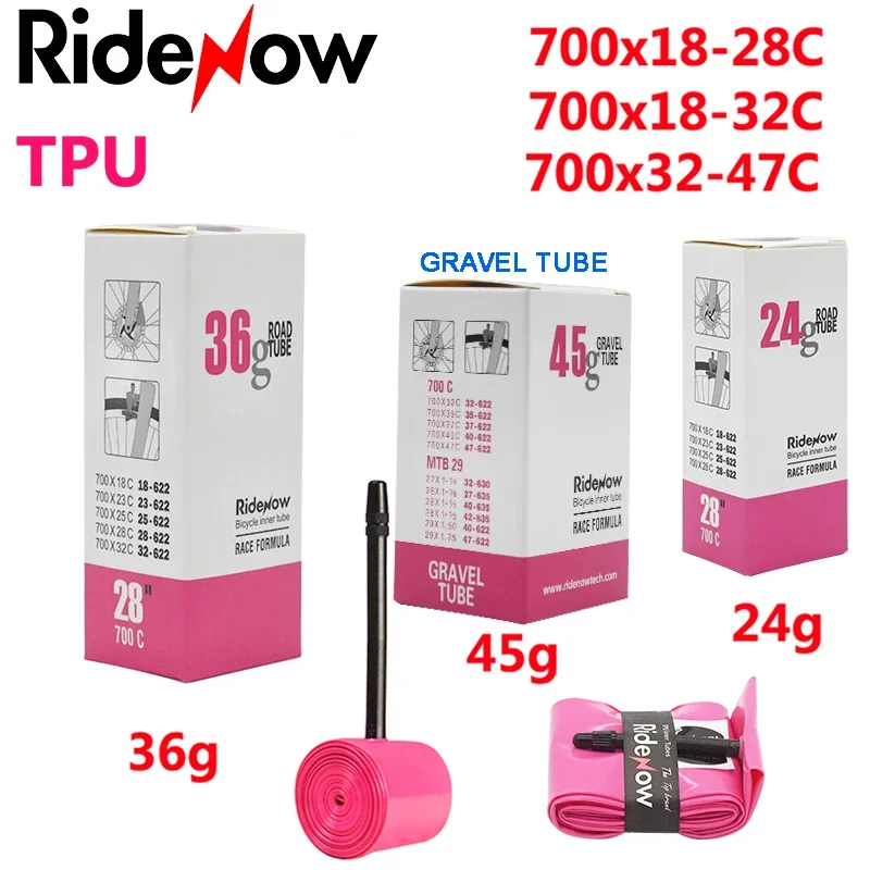 RideNowTPU Inner Tube for Road Bicycle, Light Camera Tire, Gravel Bikes, Gift Patch Kit, 700C, 36G, 24G, 700x18, 23, 25, 28, 32C