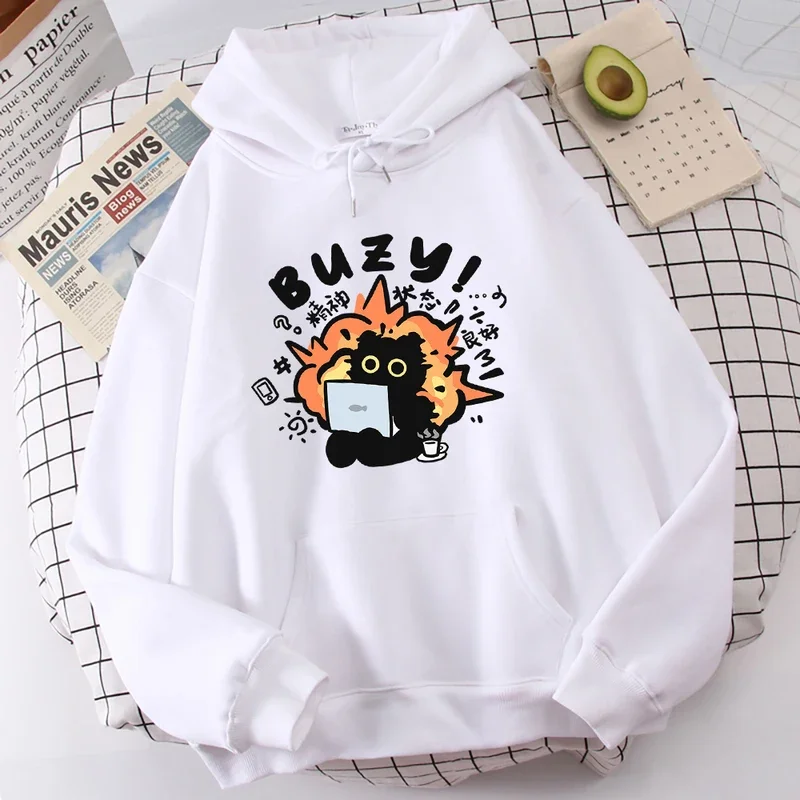 Cartoon Cat Stays Up Late And Overtimemans Hoody Comfort Versatile Hoodies Leisure Home Sweatshirts Youth Pleasure Clothes