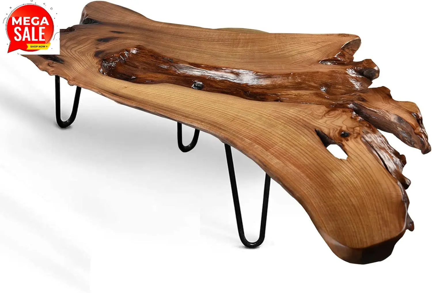 

Бестселлер: Кофейный столик ручной работы с необработанными краями | Натуральное дерево с уникальной органической формой | Металлические ножки-шпильки для гостиной, для приставного столика