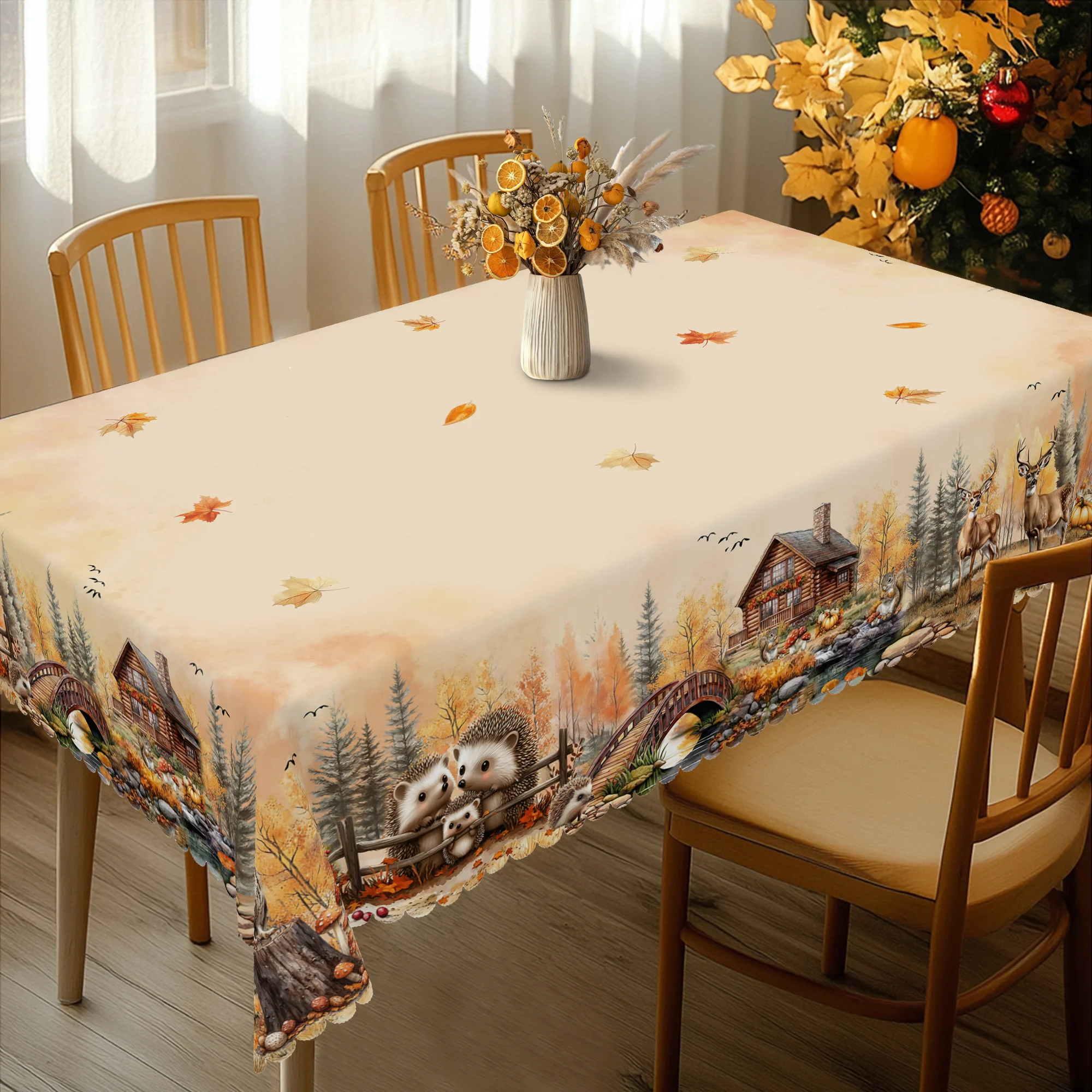 1 Piece of Autumn Thanksgiving and Autumn Harvest Festival Themed Printed Tablecloth, Vintage Country Farmhouse Style, Autumn Forest, Hedgehog Animal Pattern Design, Suitable for Holiday Gatherings, Camping Picnics, Garden Bbqs, Birthday Party Decorations, Kitchen Accessories, Tablecloth for Indoor and Outdoor Use in Restaurants and Patios, Perfect Gift for Friends, Round and Rectangular Tablecloths, Available in Various Sizes