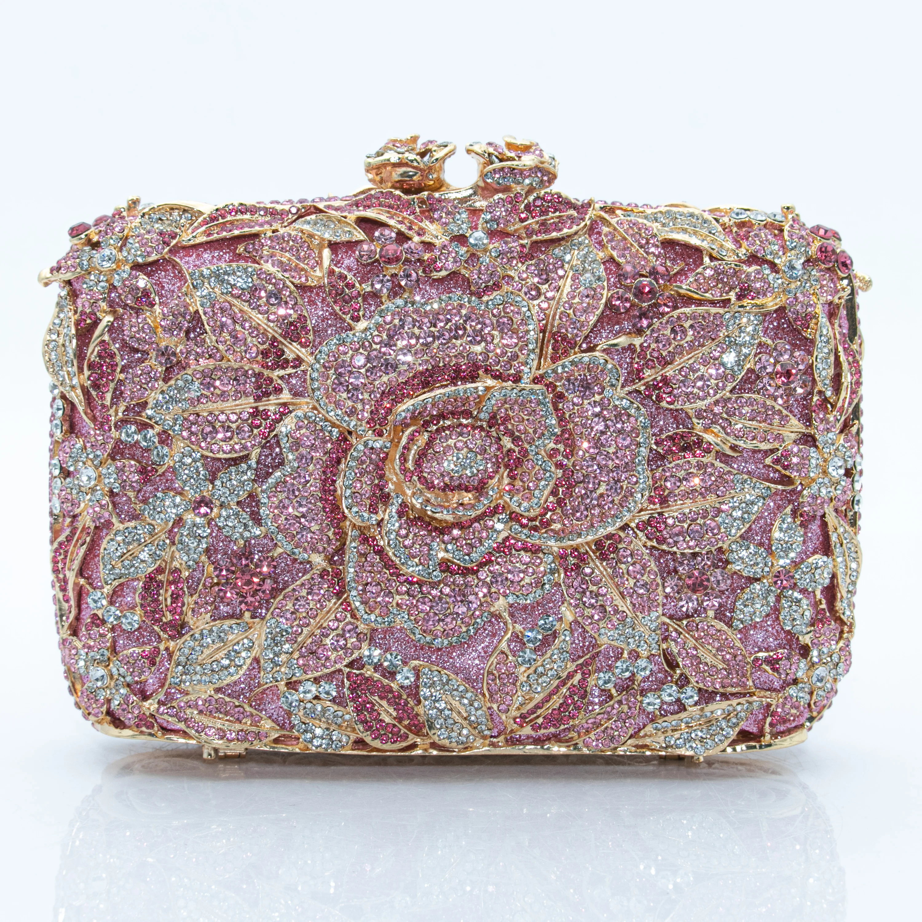 Women Pink Crystal Rose Clutch Bag Luxury Rhinestone Floral Evening Handbag Wedding Party Bridal Hard Box Purse