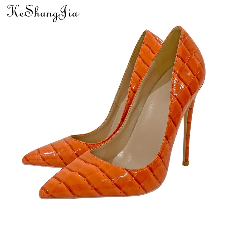 Keshangjia Orange Brown Crocodile Effect Women Sexy 8 10 12 High Heel Party Shoes Ladies Slip On Pointy Toe Stiletto Pumps