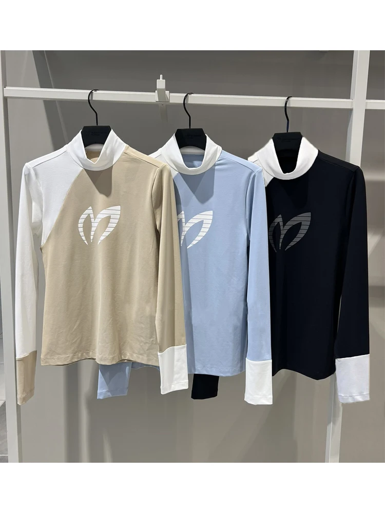 golf-ladies-color-blo-f-high-collar-logo-long-sve-t-irt-outdoor-sports-qui-dry-slimming-golf-irt-polyester-fiber