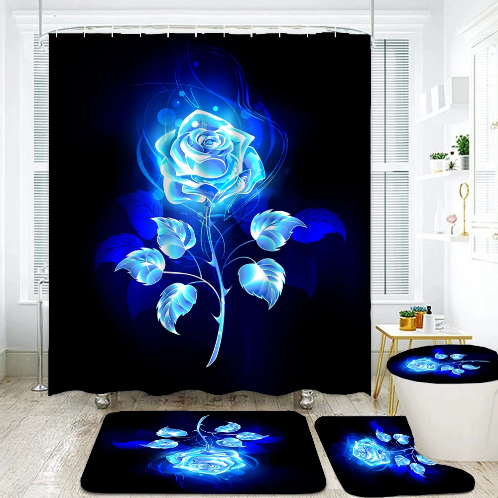 

Blue Rose Printing Shower Curtain Bathroom Curtains Set Flower Toilet Lid Cover Bath Mat Non-Slip Carpet Pedestal Rug Home Decor
