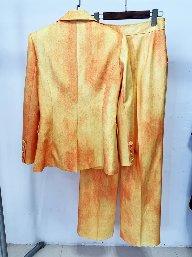 HIGH STREET Newest Fashion 2026 Designer Suit Set Women's Tie Dye Printed Slim Double Breasted Blazer Pants Set 2PCS