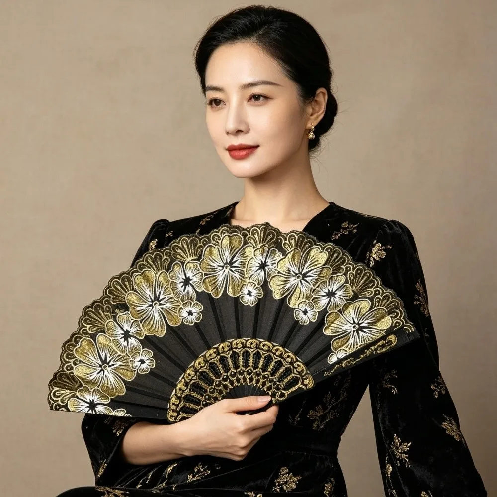 Bamboo Frame Hand Held Fan Flower Pattern Hand Painted Design Dance Performance Fan Chinese Style Lightweight Structure