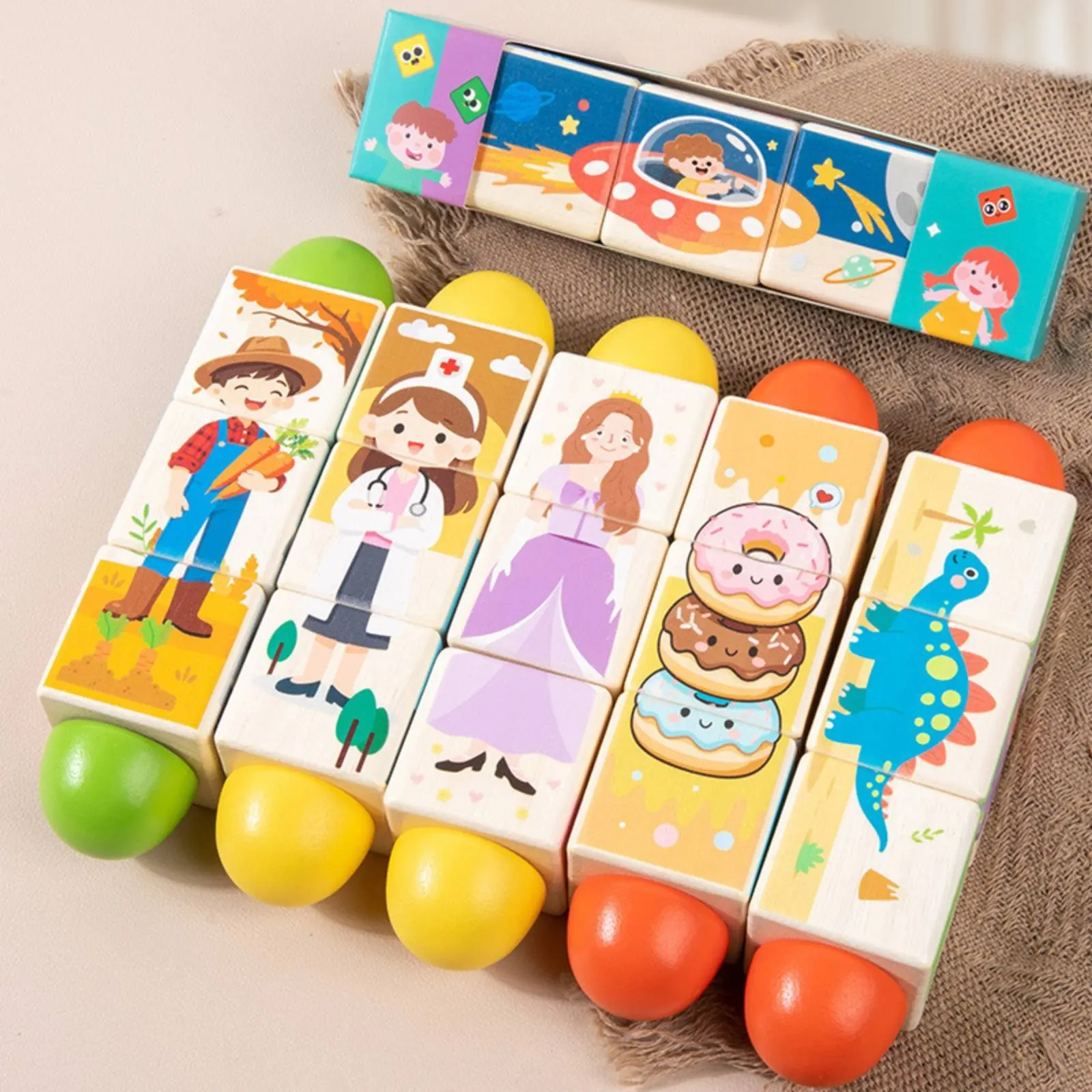 Wooden Rotating Block Set Grasping Wooden Creature Block Set Blocks Cartoon Creature Block Toy Fine Movement Skills Portable