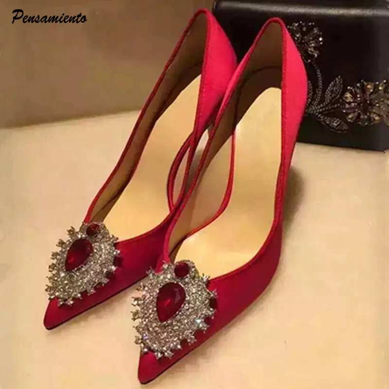 

Роскошные атласные женские туфли-лодочки с бриллиантами и кристаллами, элегантные туфли на высоком каблуке-шпильке с острым носком, весенне-осенняя модная свадебная обувь для банкета