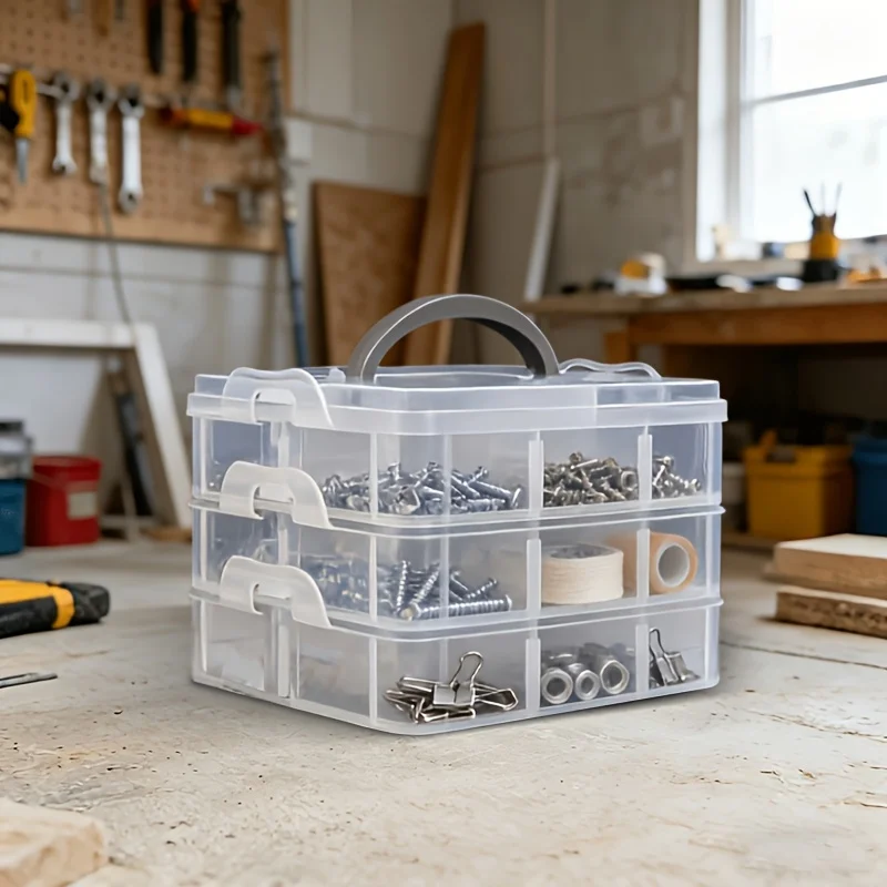 1 PCS Transparent Storage Box Three-Layer 18 Grid Cover Handle Transparent Tool Storage Box Suitable for Classifying Screws Nuts