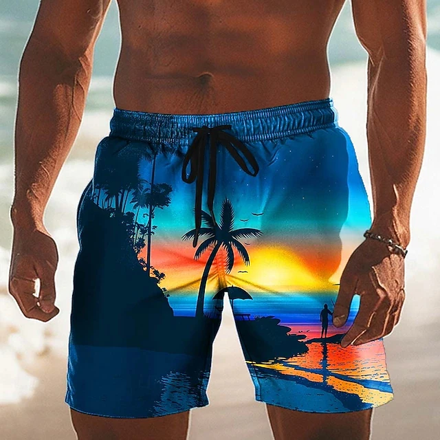 

Colorful Gradient Sunset Beach Shorts Men 3D Tropical Palm Tree Print Quick Dry Swim Trunks Casual Streetwear For Beach Party
