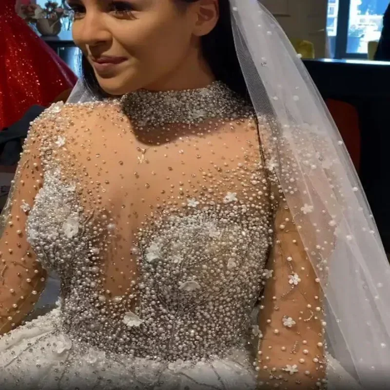 Customized  High Neck See Through Pearls Beads Wedding Dress Sweep Train African Illusion Full Sleeves Robe De Mariée