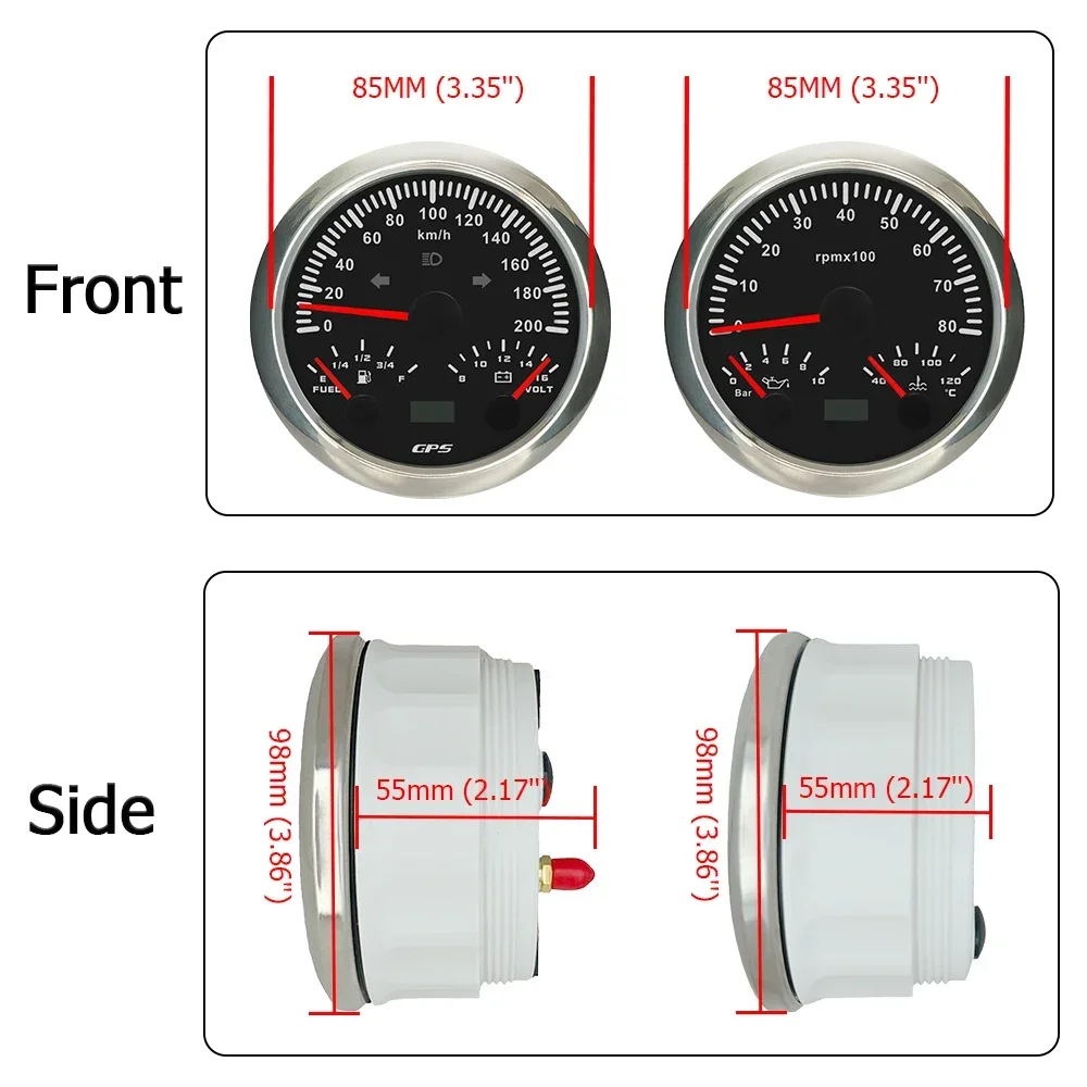 85mm 3 in 1 Multifunctional 0-200km/h GPS Speedometer+0-8000RPM Tachometer with Oil Pressure Water Temp Fuel Level 12V Voltmeter