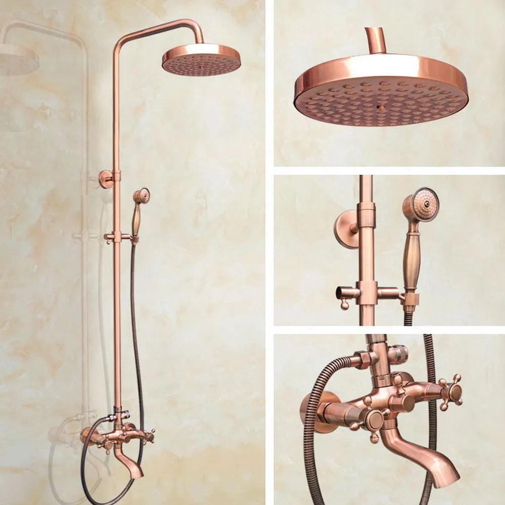 

Antique Red Copper Brass Dual Cross Handles Bathroom 8 Inch Round Rain Shower Faucet Set Tub Mixer Tap Hand Shower mrg512