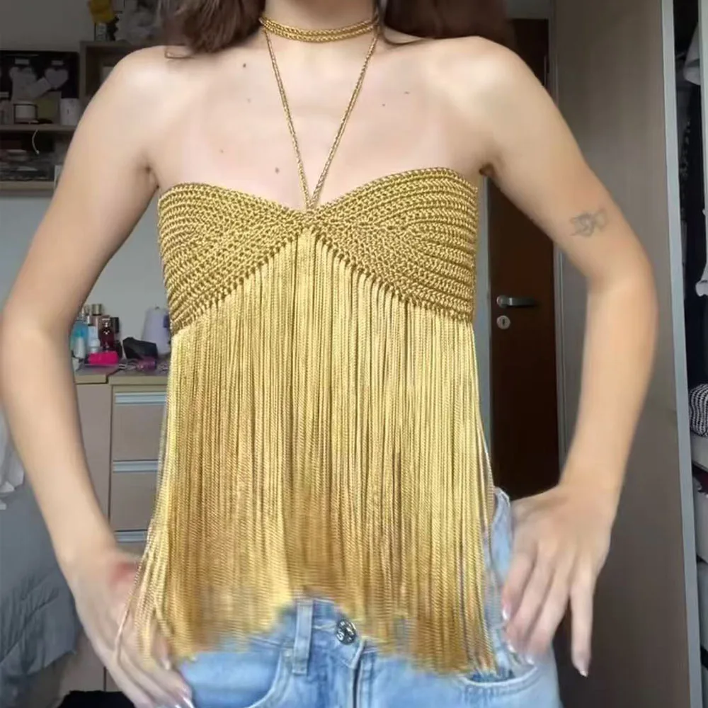Beachapche Handmade Women's Crochet Tassel Tube Top Bohemian Sleeveless Fringe Camisole Summer Backless Crop Top for Beach Party