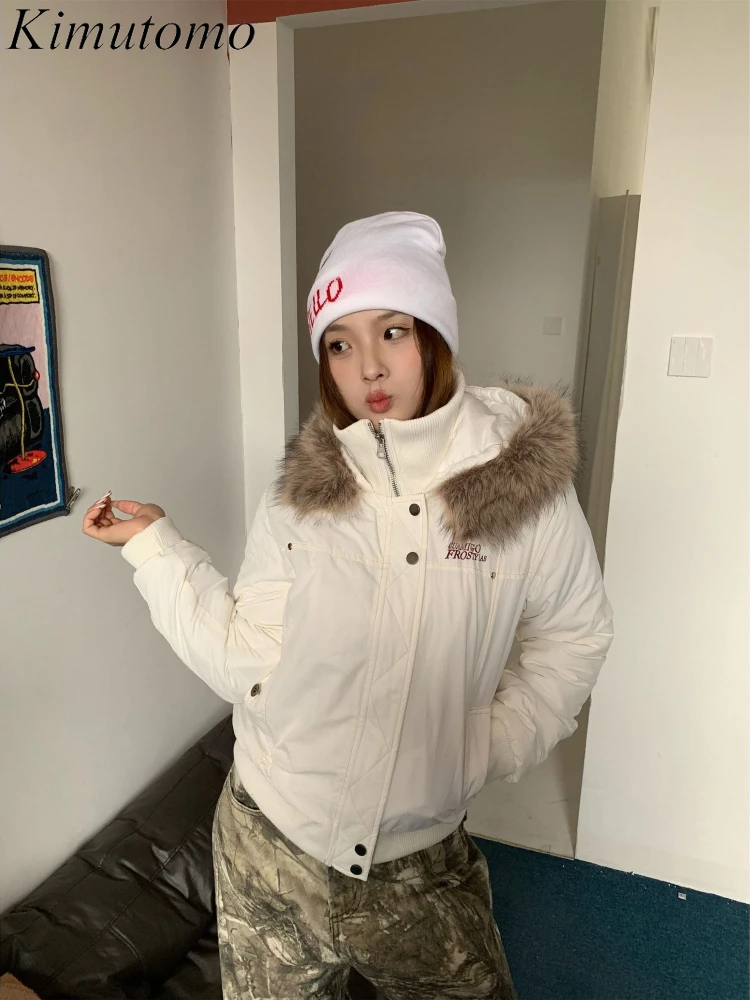 

Kimutomo Jackets Women Furry Patchwork Hooded 2025 Autumn Winter Vintage Fashion Zipper Y2k Grunge Pockets Coats Female