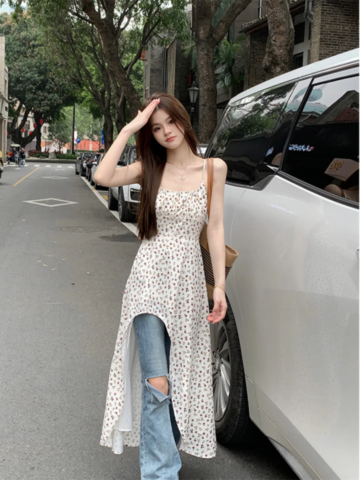 

Женское летнее платье макси больших размеров с цветочным принтом, асимметричным подолом, многослойной юбкой, корейский стиль, приталенное, длинное