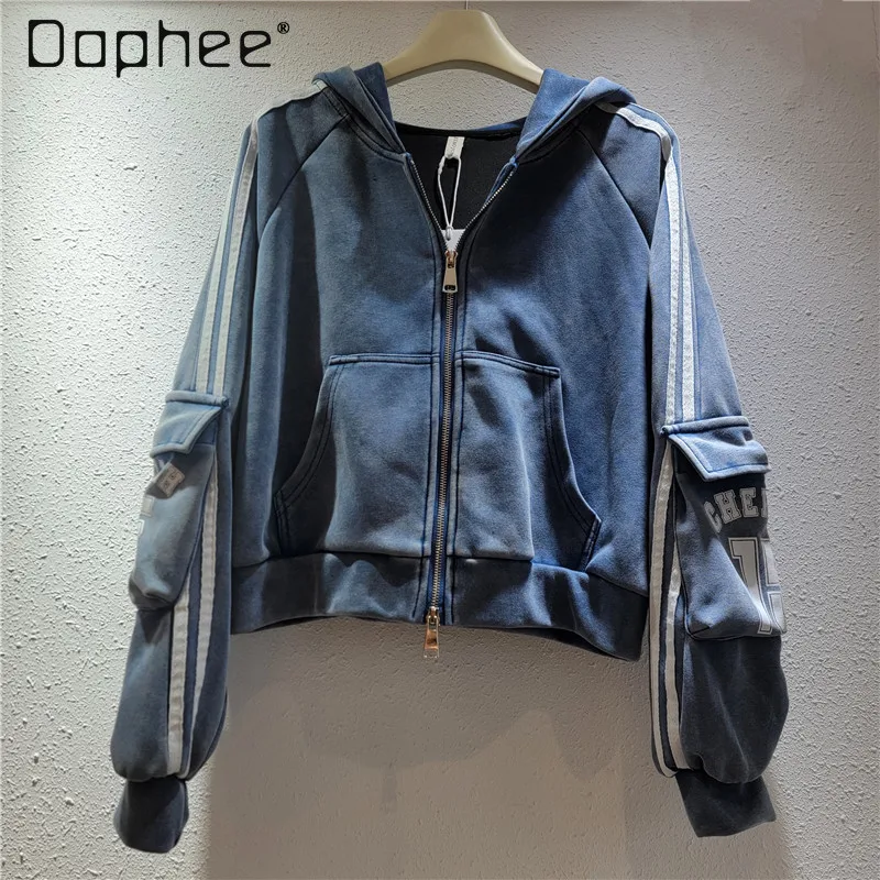 

Vintage Gray Long Sleeve Hooded Sweatshirt Jacket for Women Autumn New Casual Slim Fit Short Outerwear Top