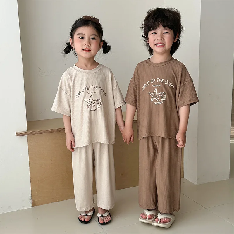 2025 Summer Kids Sleepwears Set Boys Cute Starfish Letter Home Suit Cotton Soft Children Girls Thin Pajamas Loungewears