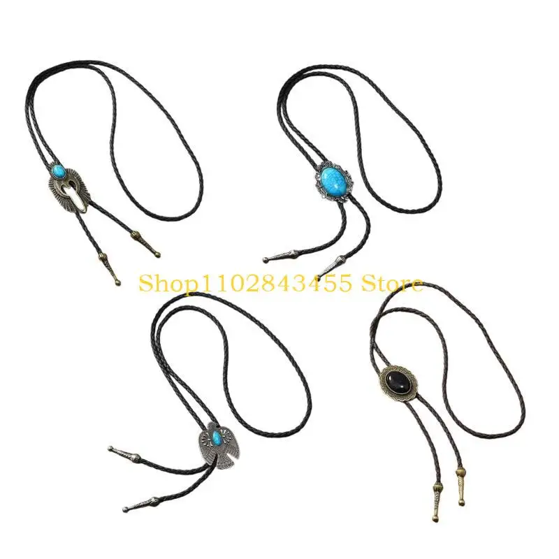 49MC Mens Vintage American Bolo Tie Western Metal Eagle Bird Stone Cowboy Hat Pendant Shirt Collar Necktie Jewelry Accessories