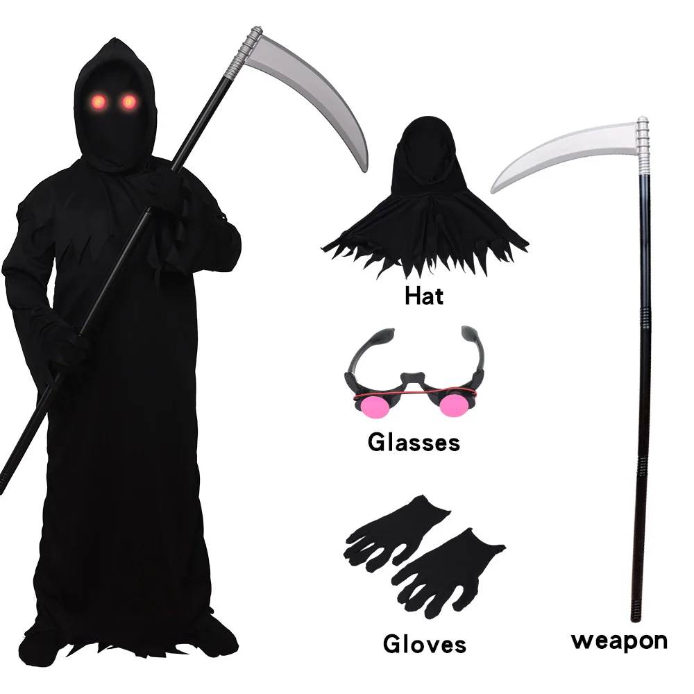 

Grim Reaper Robe Costumes For Kids with Glowing Red Eyes & Scythe Death Cosplay Creepy Cool Halloween Costumes Luminous Clothes