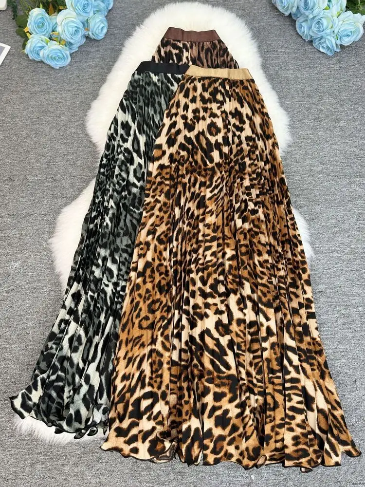 Spring Summer Leopard Print Pleated Long Skirt For Women 2025 Vintage Casual Office Lady Skirts