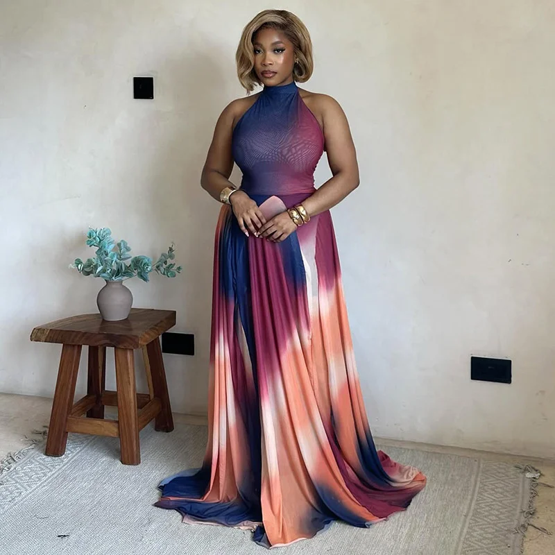 

Elegant Gradient Color Halter Long Dress for Women Backless Waist Slimming A-Line Maxi Gown Summer Resort Vacation Outfits New