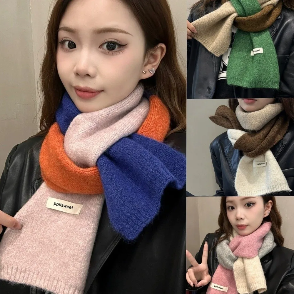 Contrast-Color Knitted Scarf Warm Material Fall Winter Weight Neck Warmer Patchwork Design Versatile Styling Yarn Scarf