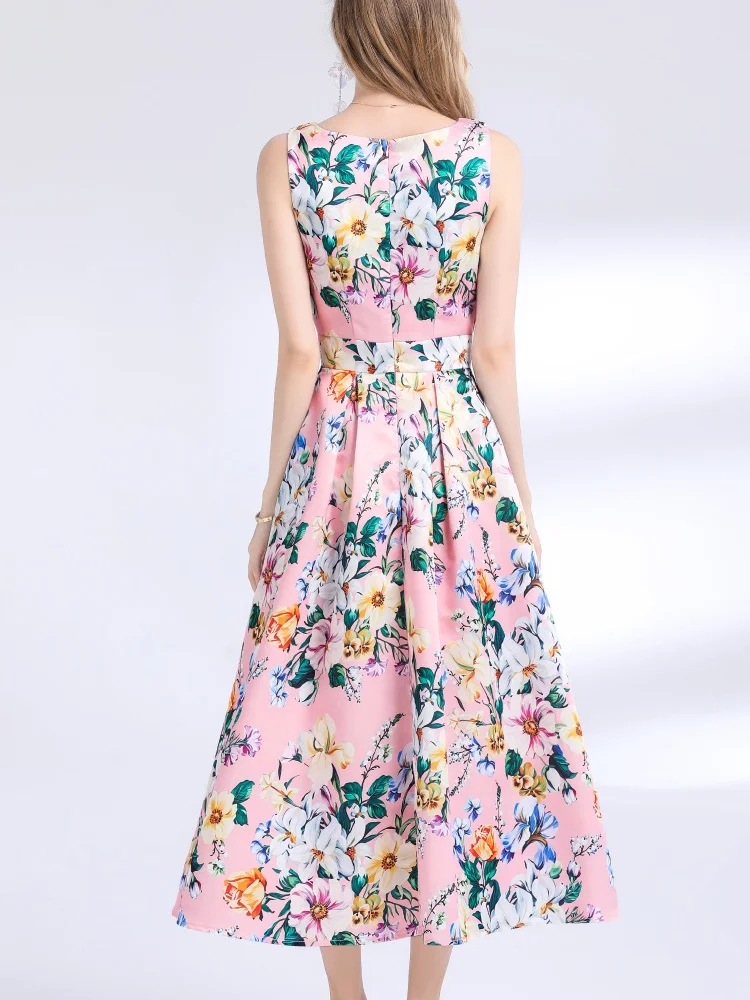 New Fashion Retro Elegant Sleeveless Print Long Dress A-line Casual High Waist Women Summer Pleated Runway Dresses